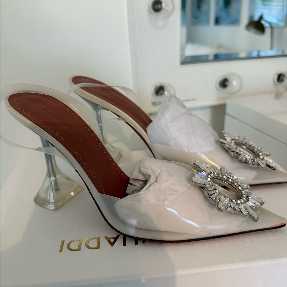 Amina Muaddi White and Brown Heels with Crystal Embellishment